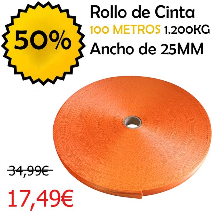 Rollo de amarre 100 Metros para 1.200KG - Ancho 25MM - NARANJA